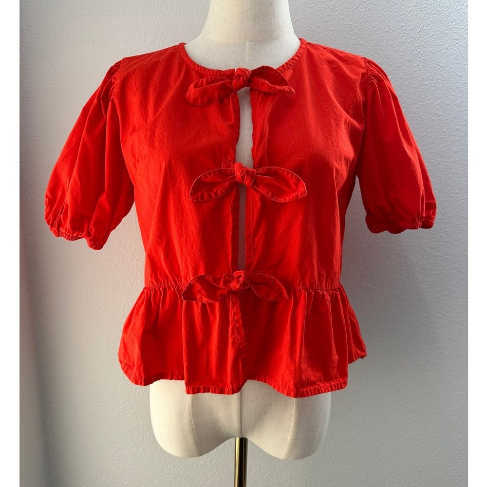 Sim & Sam Front Tie Peplum Top Women S Orange Puff Sleeve Coquette Romantic